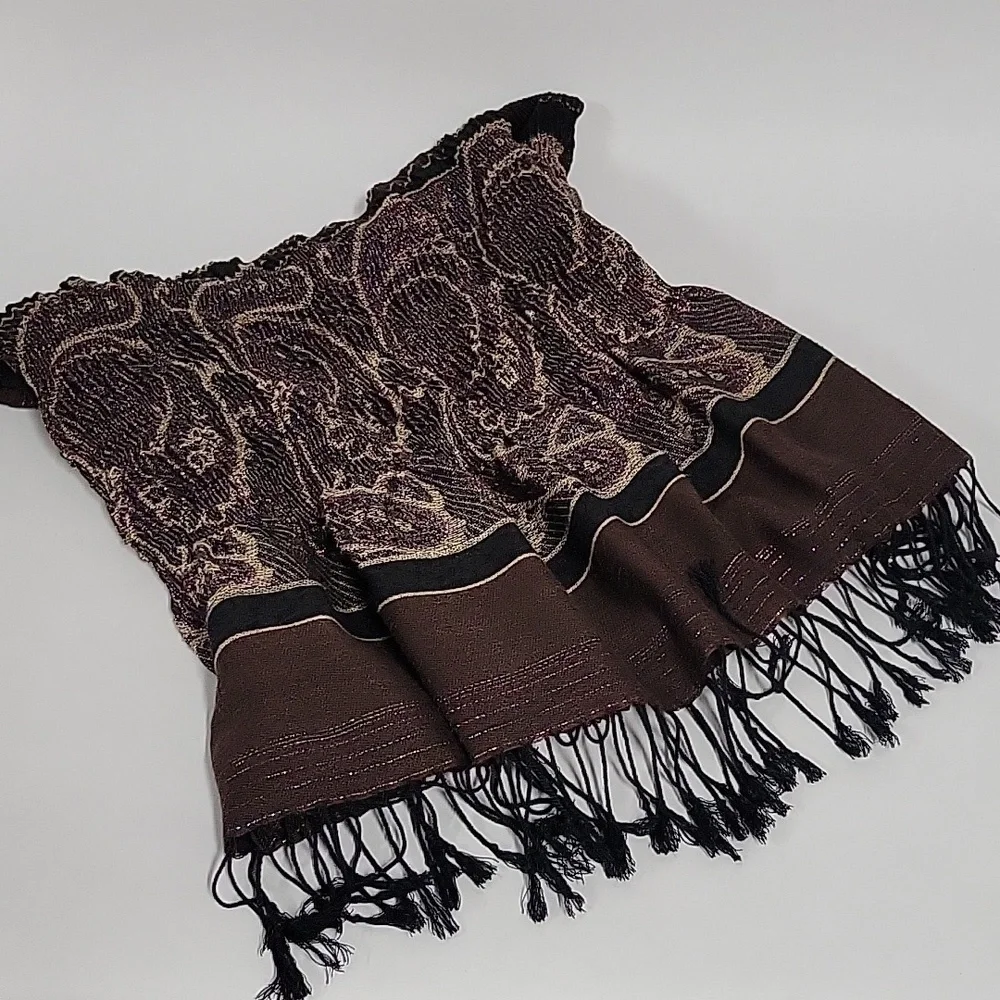 Brown Black Tan Sparkle Paisley Like Print Women's Scarf with Black Fringe